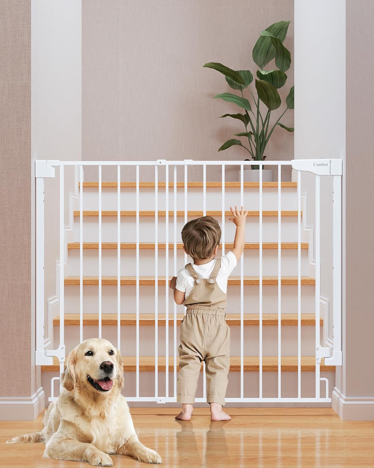 Cumbor 34" Extra Tall No Bottom Bar Baby Gate for Stairs, Auto Close Dog Gate Indoor for Larger Pets, 29.2-43" Hardware Mounted Safety Gate for Doorways, Wide Walk Thru Door for Easy Access (White)