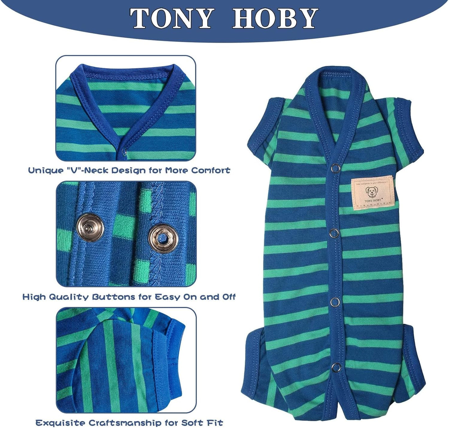 TONY HOBY Dog Pajamas for Medium Small Dogs, Dog Jumpsuit with Stripes 4 Legged Pajamas, Soft Dogs Pet Clothes (Blue&Green, Girl, XL)