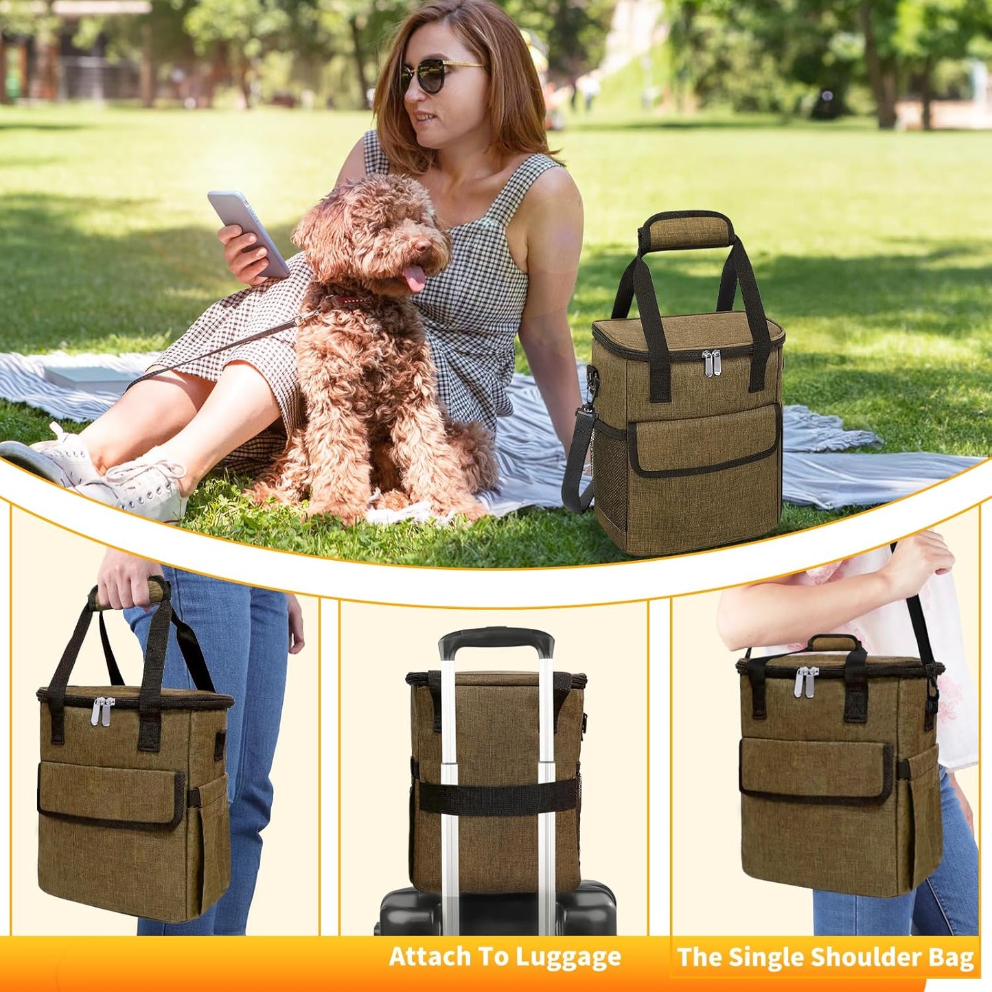 Dog Travel Bag for Camping - Pet Travel Accessories with 2 Collapsible Bowls, 2 Food Containers & Waterproof Feeding Mat - Portable Dog Carrier, Coffee (Small)