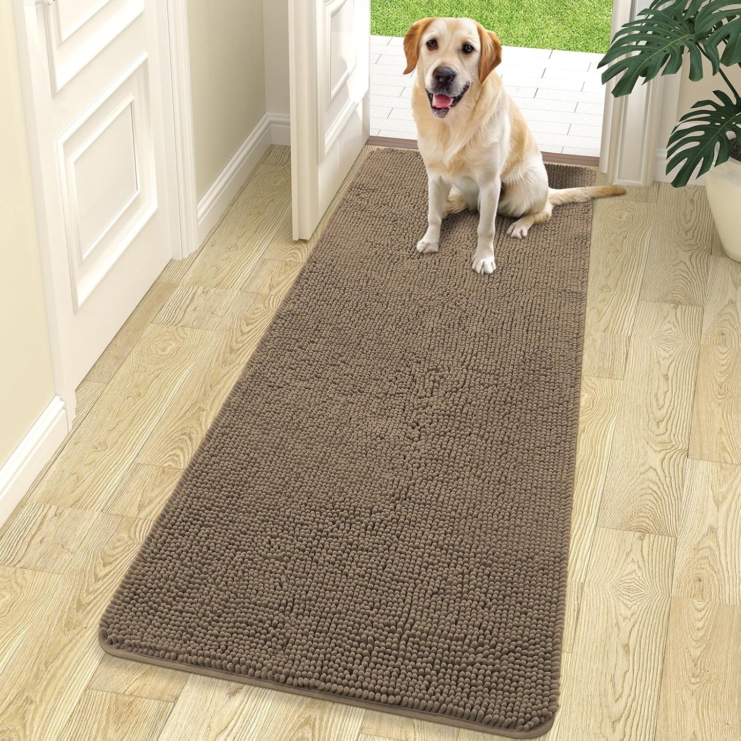 OLANLY Dog Door Mat for Muddy Paws 70x24, Absorbs Moisture and Dirt, Absorbent Non-Slip Washable Doormat, Quick Dry Chenille Mud Mat for Dogs, Entry Indoor Entryway Carpet for Inside Floor, Tan