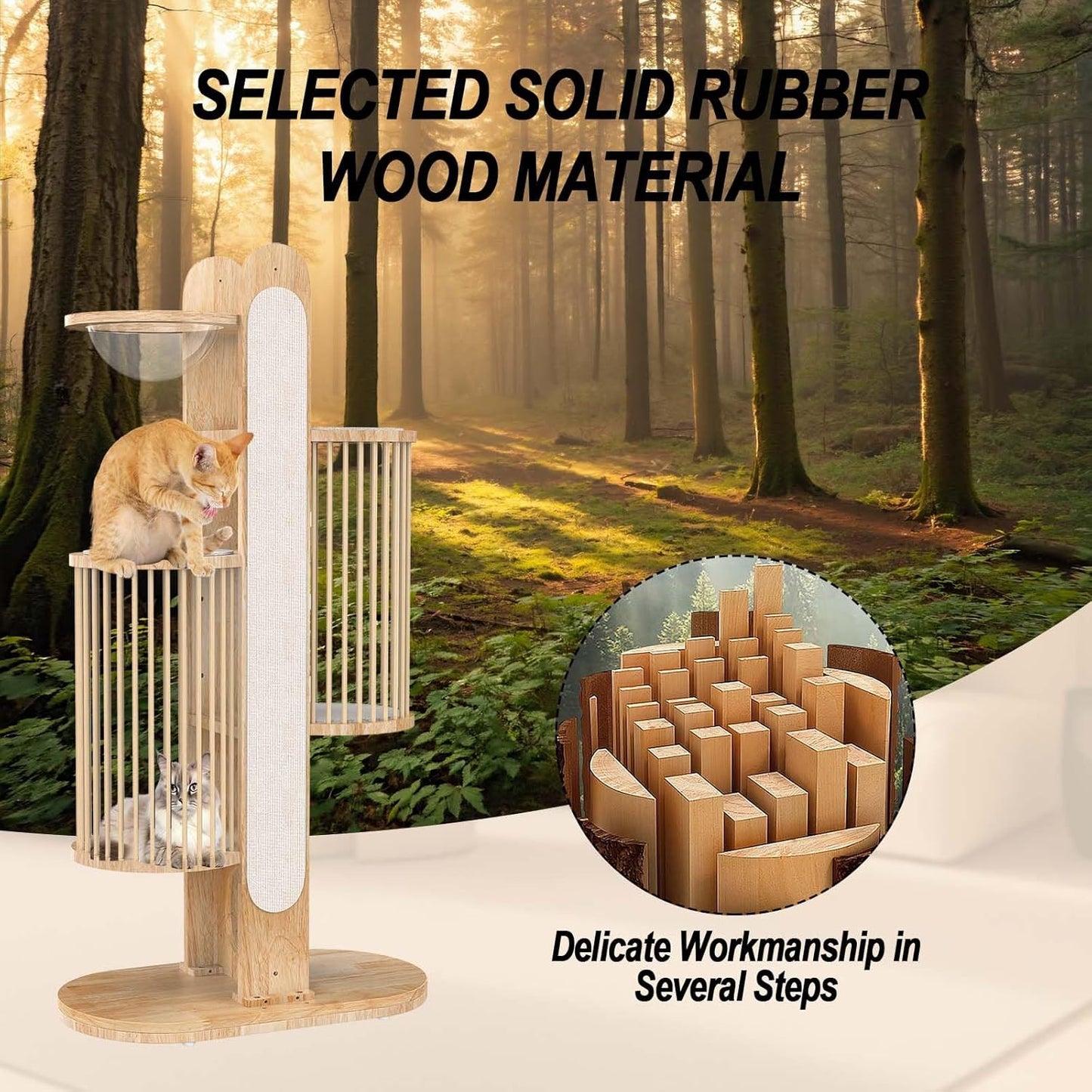 Modern Cat Tree Tower for Indoor Cats, 67" Tall Solid Wooden Cat Tower with Scratching Posts, 6 Level Natural Luxury Cat House with Big Bed, Washable Cushions Cat Furniture for Large Cats White