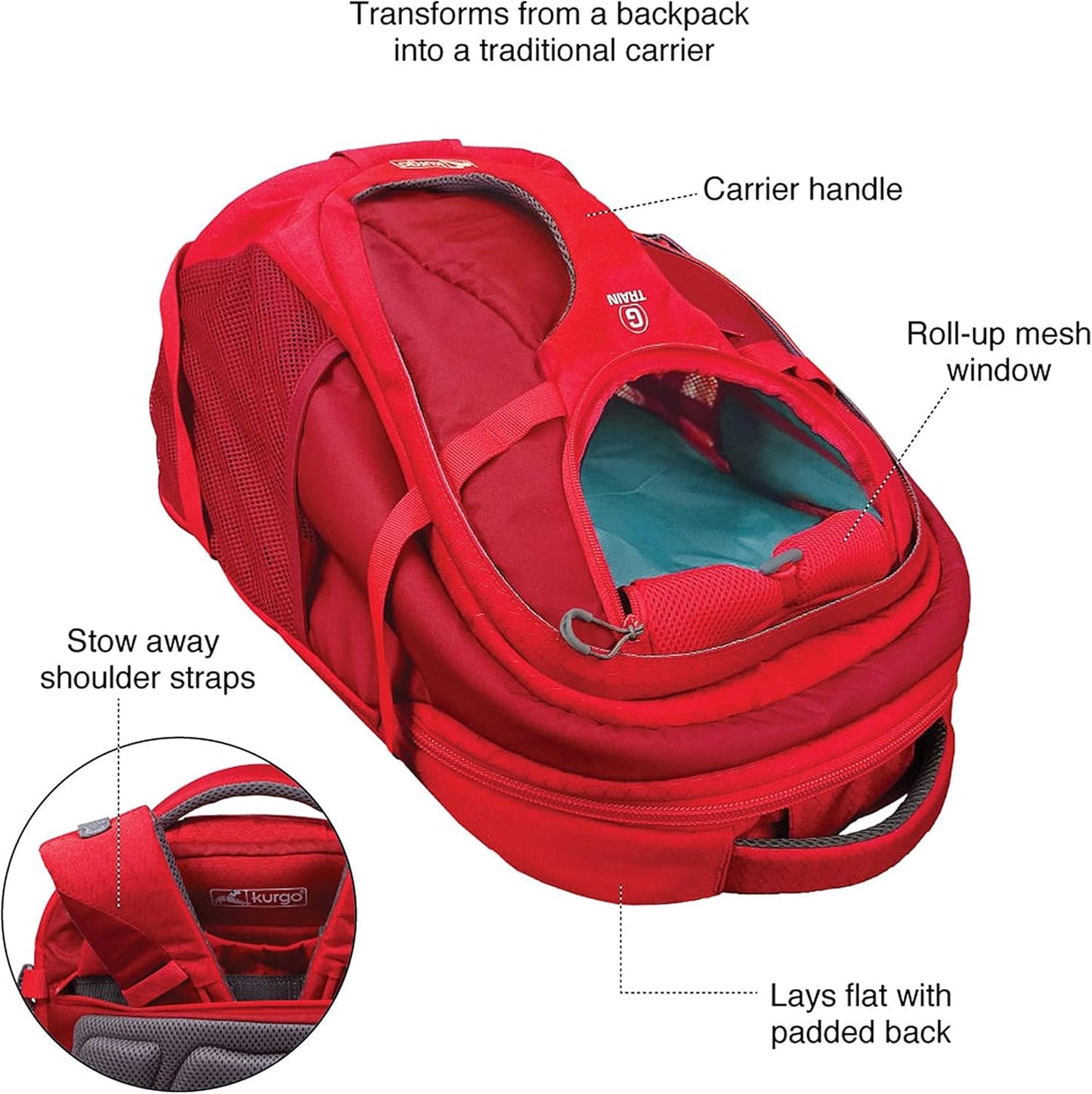 Kurgo G-Train - Dog Carrier Backpack for Small Pets - Cat & Dog Backpack for Hiking, Camping or Travel - Waterproof Bottom - Red