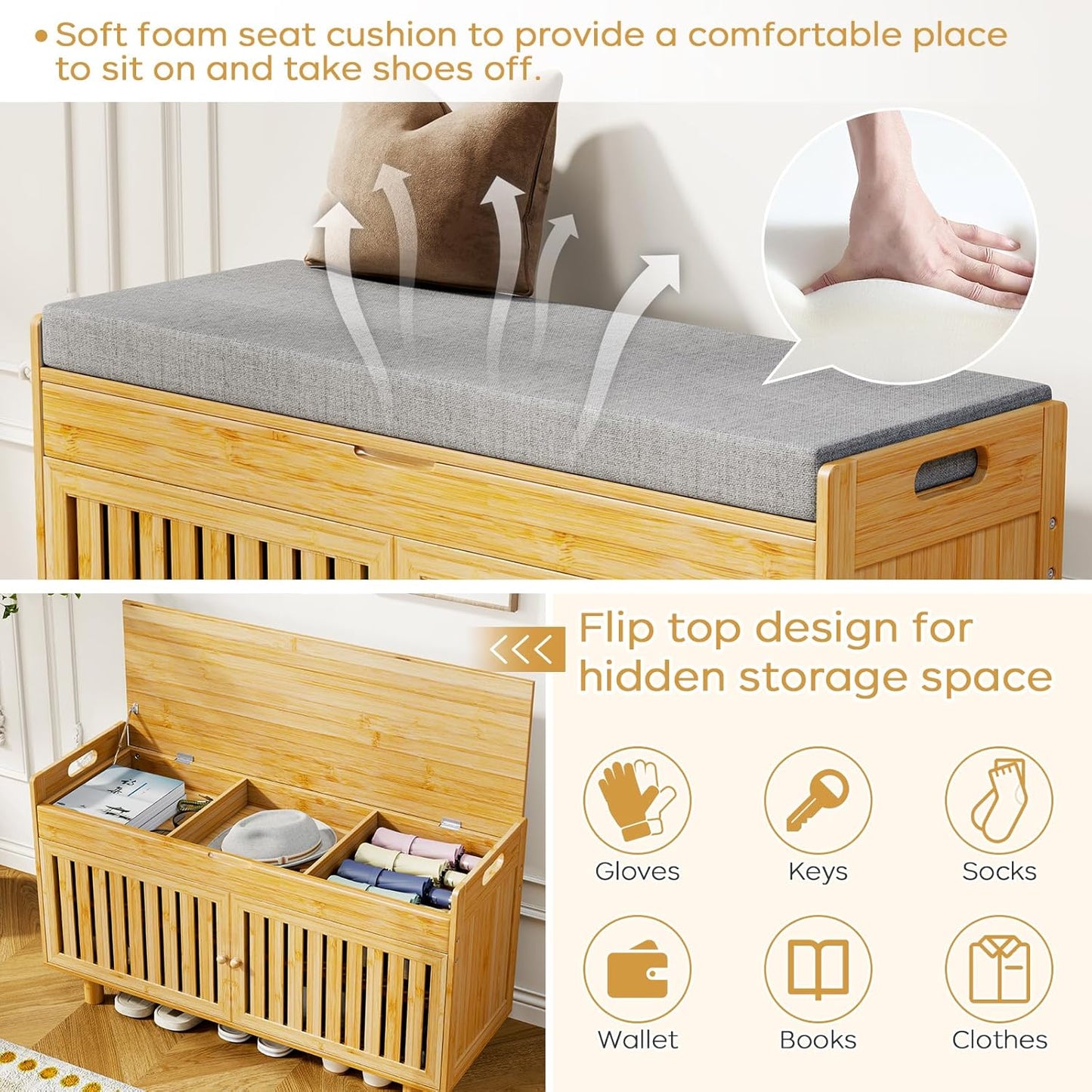 Shoe Storage Bench, Bamboo Entryway Bench with 2 Doors & Padded Seat Cushion, 35.4" W x 12.6" D x 19.7" H, 2-Tier Shoe Rack with Lift Top Hidden Storage, for Entryway, Living Room, Bedroom, Natural