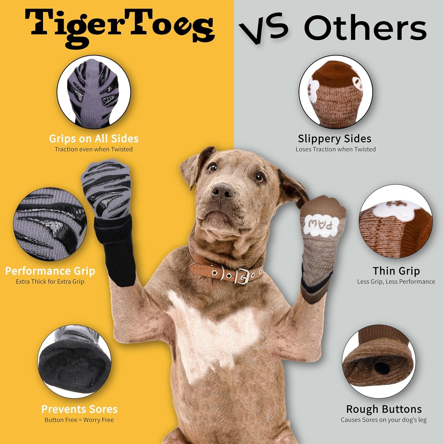 DOK TigerToes Premium Non-Slip Dog Socks for Hardwood Floors - Extra-Thick Grip That Works Even When Twisted - Prevents Licking, Slipping, and Great for Dog Paw Protection (XXL)