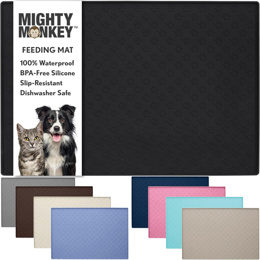 MIGHTY MONKEY 100% Waterproof Dog Food Mat, Raised Edges Silicone Pet Feeding Placemat for Cat, Dogs, Pet Bowls, High Lipped Tray Prevents Water Spills, Food on Floor, Dishwasher Safe, 22x14, Black
