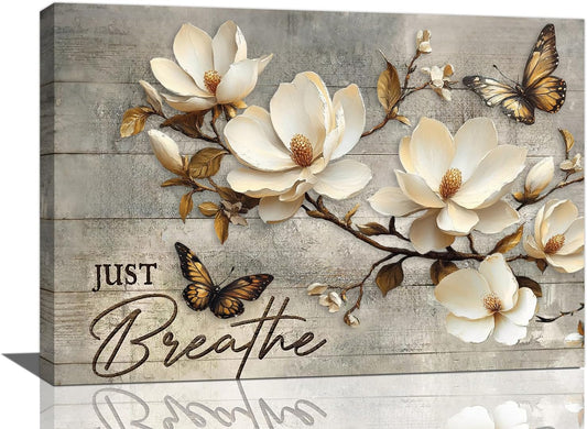 Floral Magnolia Bathroom Pictures Wall Art, Just Breathe Bathroom Wall Decor, Flower Butterfly Framed Painting Canvas Artwork for Bedroom Living Room Decorations 24"L x 16"W