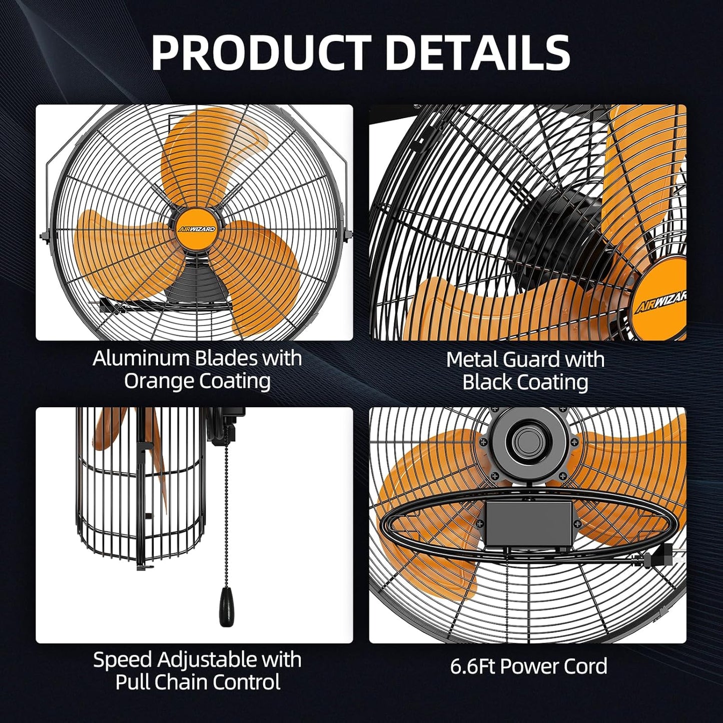 20 Inch Industrial Wall Mount Fan, 4850 CFM High Velocity Metal Wall Fan, 3 Speed, Adjustable Tilt, Commercial Use for Garage, Gym, Covered Patio, Workshop, Greenhouse - UL Listed