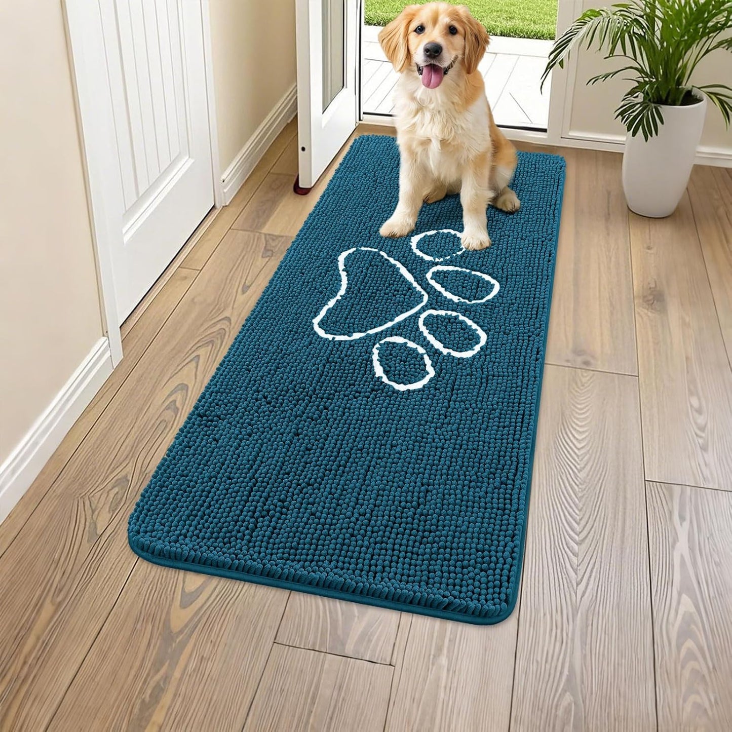 Smiry Dog Door Mat for Muddy Paws, Absorbent Dirt Trapper Non Slip Quick Dry Washable Chenille Mat for Mud Dogs, Entry Rug for Indoor and Outdoor (47x24 Inches, Atlantic Blue)