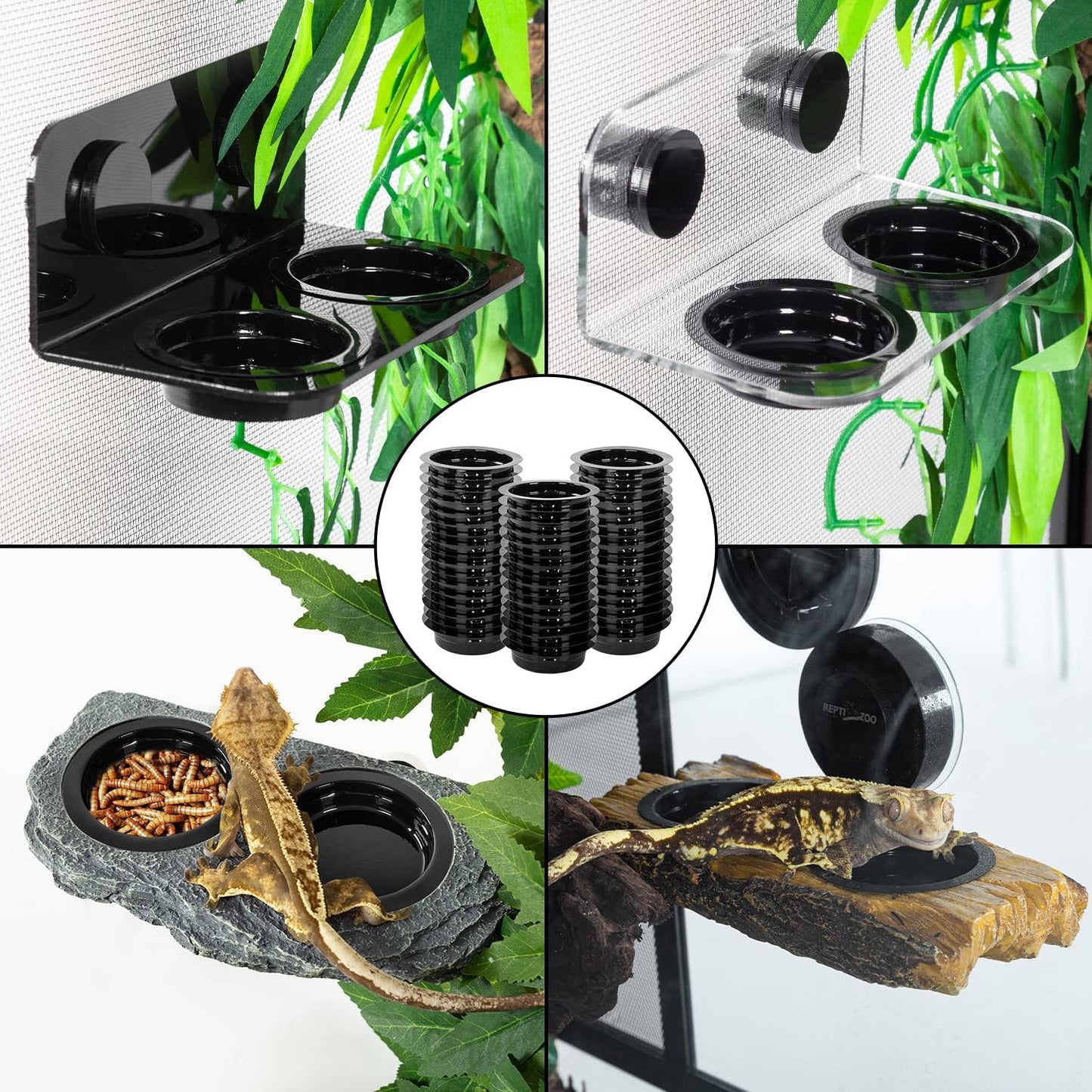 WACOOL Magnetic Reptile Ledge, Acrylic Gecko Feeding Ledge with 6PCS Cups, Reptile Food Water Feeder Dish for Geckos Iguana Chameleon Pets (Cups)