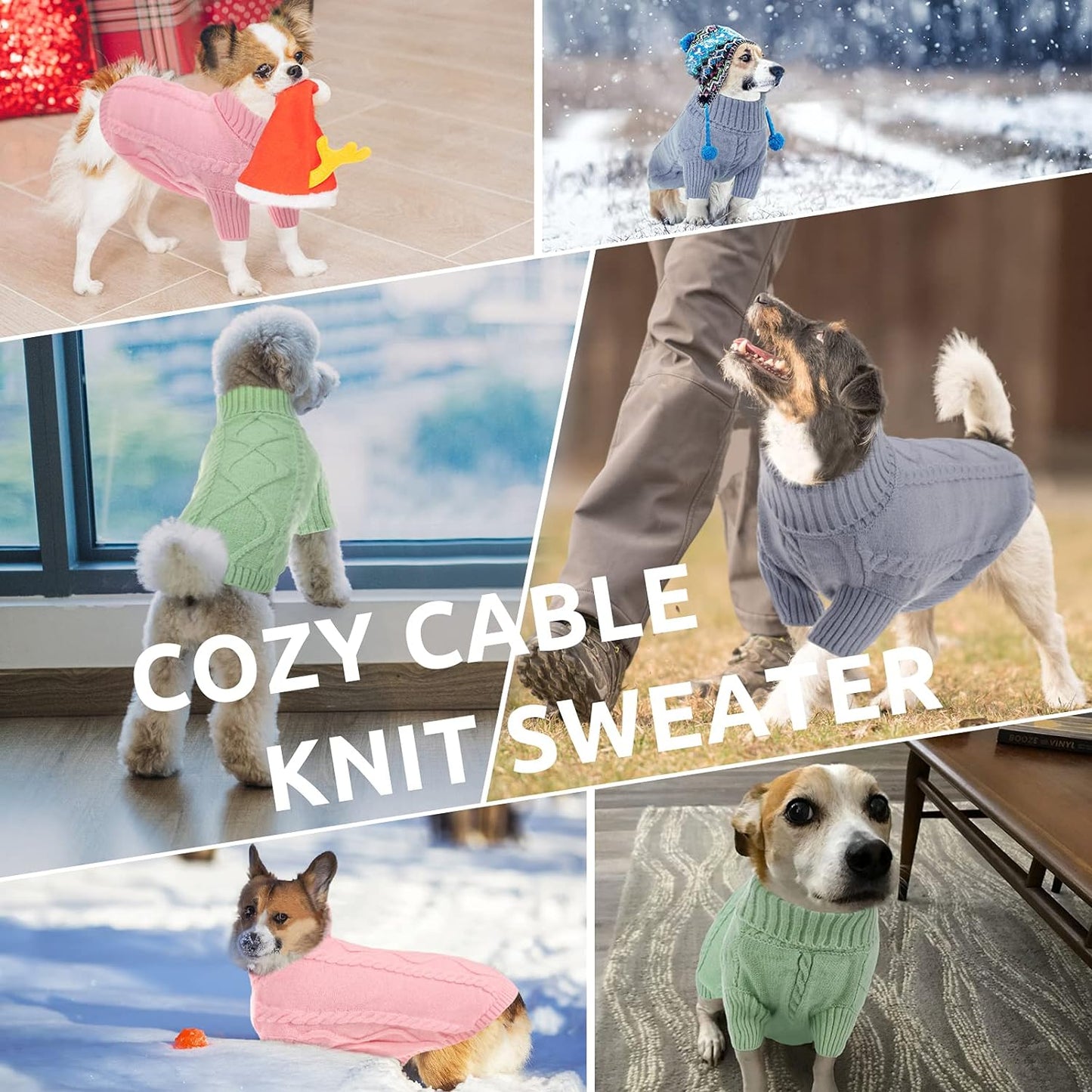 Queenmore Small Dog Pullover Sweater, Cold Weather Cable Knitwear, Classic Turtleneck Thick Warm Clothes for Chihuahua, Bulldog, Dachshund, Pug, Yorkie (Grey, Medium)