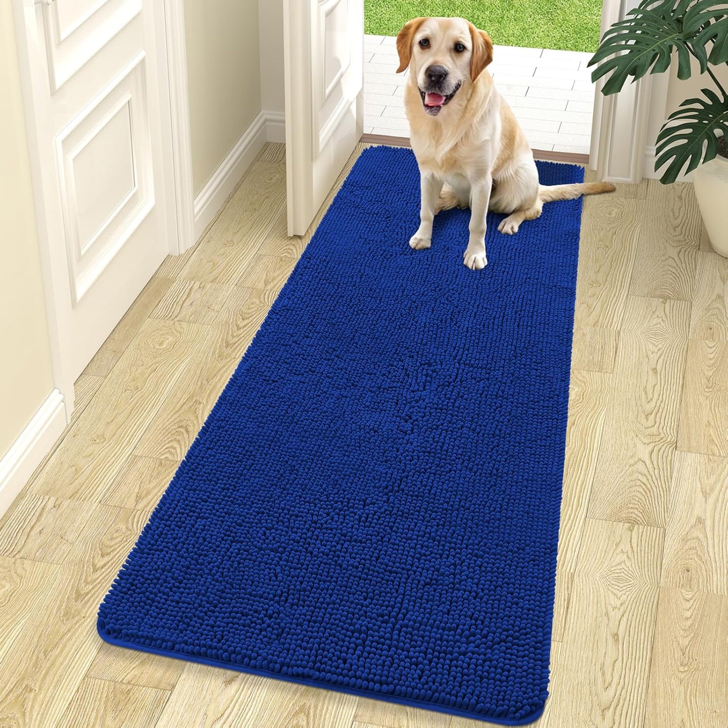 OLANLY Dog Door Mat for Muddy Paws 70x24, Absorbs Moisture and Dirt, Absorbent Non-Slip Washable Doormat, Quick Dry Chenille Mud Mat for Dogs, Entry Indoor Entryway Carpet for Inside Floor, Royal Blue
