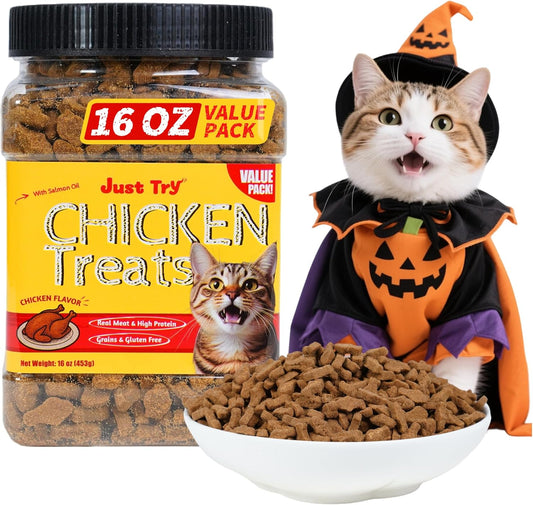 Just Try 16 OZ Cat Treats for Indoor Cats, High Protein Low-Calorie Cat Snacks, Healthy Crunchy Treats, Grain Free Natural Chicken Flavor