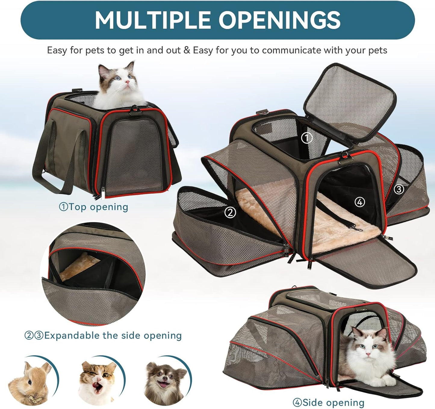 Petsfit 2 Side Expandable Pet Carrier Dog Carrier Cat Carrier for 2 Cats, 19" Lx 12" Wx 12" H, with Soft Cushion, Built-in Safety Rope, Pockets, Fit for Car Travel