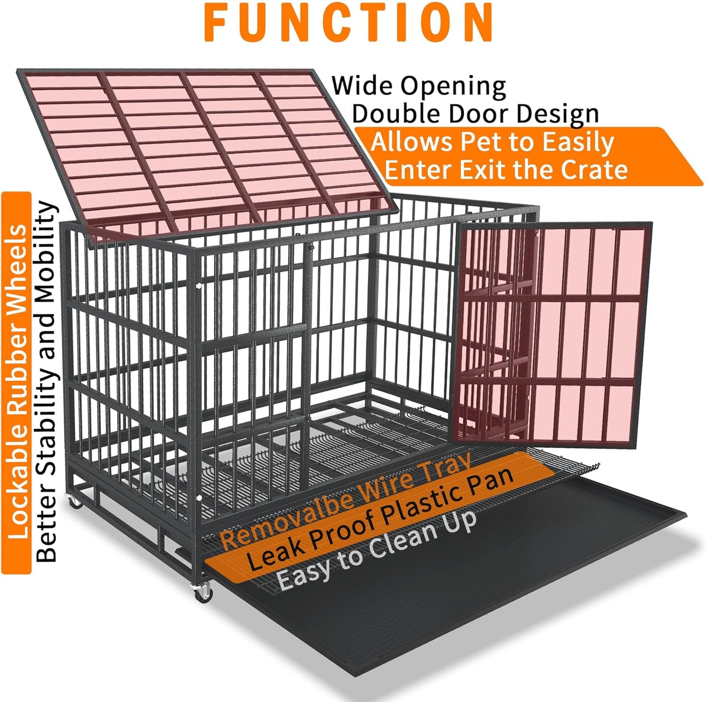 54/48/42/38 Inch Heavy Duty Dog Crate Cage with Wheels, Indestructible and Escape Proof Steel Kennel Indoor for High Anxiety Dogs with Sturdy Locks, Double Door and Tray, Extra Large XL XXL