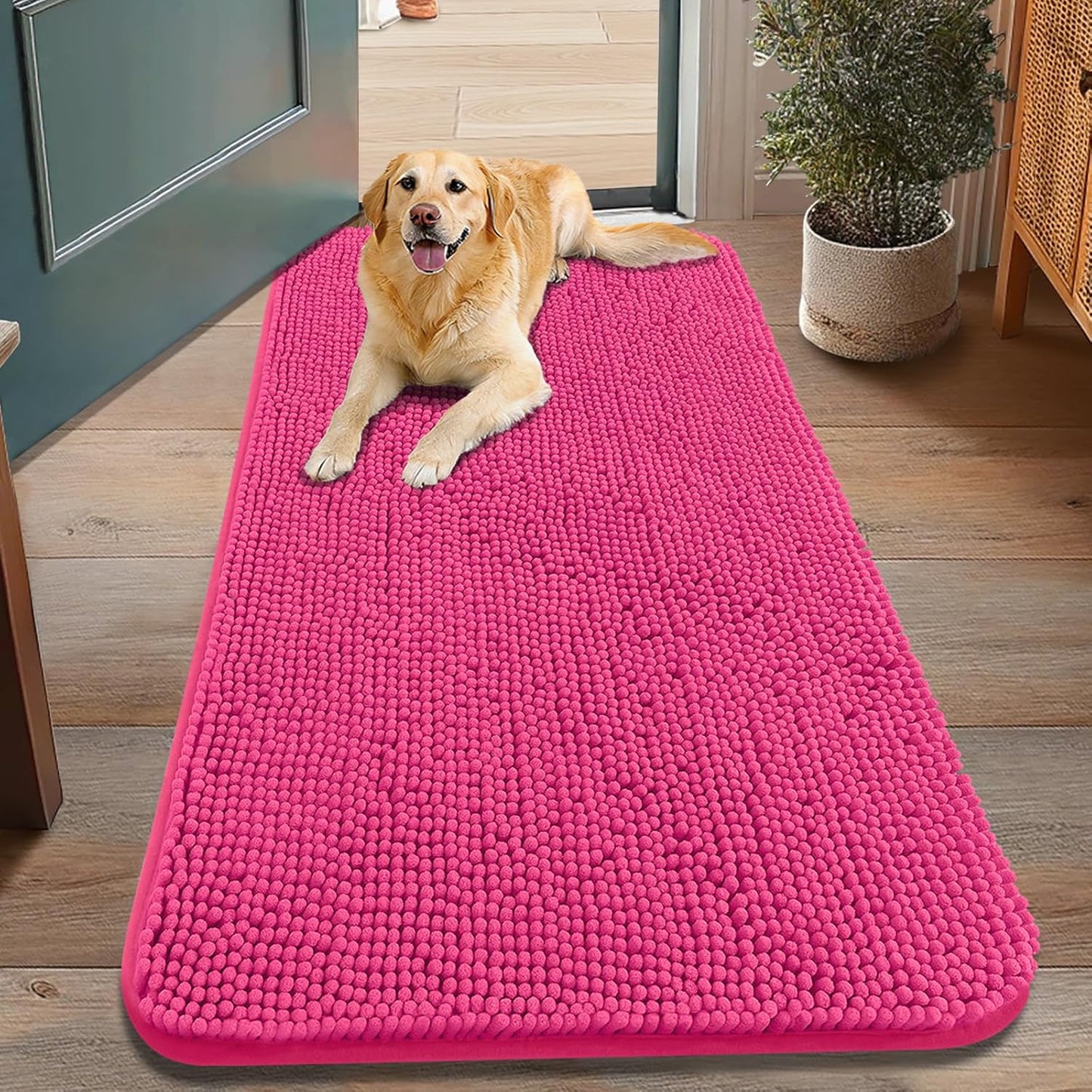 Smiry Dog Door Mat for Muddy Paws 48x30, Absorbs Moisture and Dirt Doormat, Non-Slip Washable Quick Dry Chenille Front Door Mat Indoor Entrance, Entryway Carpet for Inside Floor, Hot Pink