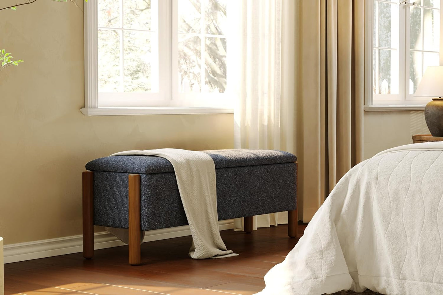 Modern Storage Benches with Walnut Wood Legs, 47'' Ottoman Bench with 20 Gallons Storage Space for Bedroom End of Bed, Fabric Upholstered Entryway Bench with Seating for Livingroom, Blue