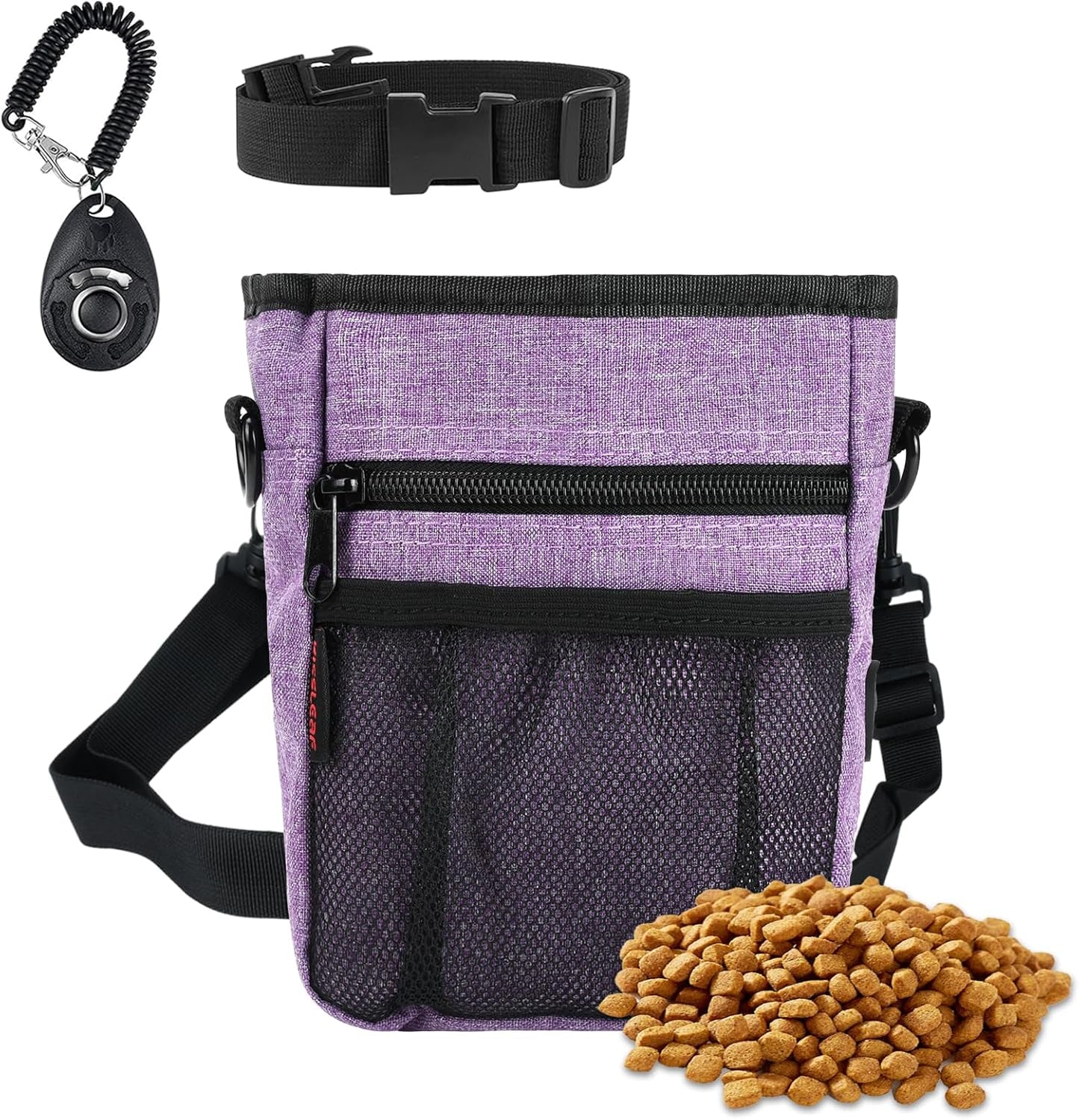 Dog Treat Pouches for Pet Training with Magnetic Closure Treat Pouches for Pet Training,Large Dog Treat Training Pouch and Dog Clicker,Training Treat Pouch Built-In Poop Bag Dispenser-Purple.