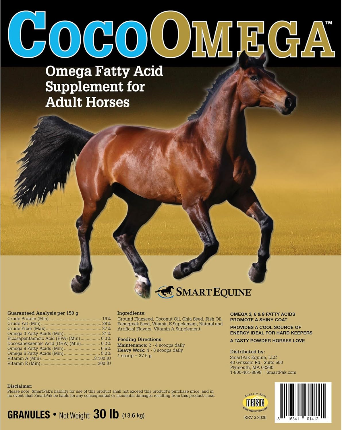 Uckele by SmartEquine CocoOmega Granular | Horse Supplements for Skin, Hoof, & Coat Health | Omega-3 Fatty Acids | 30 LB
