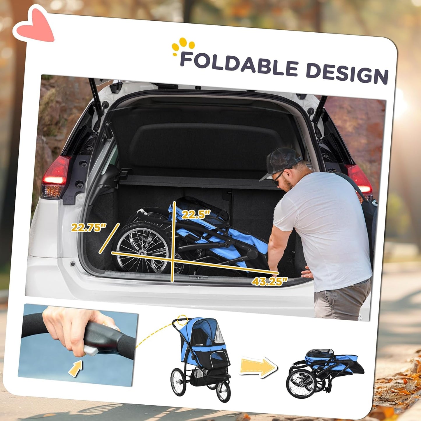 PawHut 3 Wheels Pet Stroller for Small and Medium Dogs, Foldable Cat Stroller Jogger with Adjustable Canopy, Safety Tether, Cushion, Storage Basket, Blue