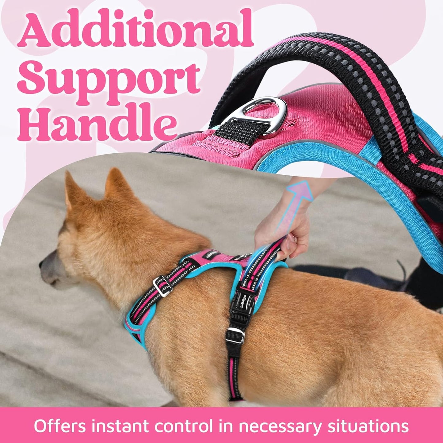rabbitgoo Dog Harness for Large Dogs, No Pull Pet Vest with 3 Buckles, Adjustable Soft Padded Pet Harness with Easy Control Handle and Reflective Strips, Rose Pink & Blue, XL
