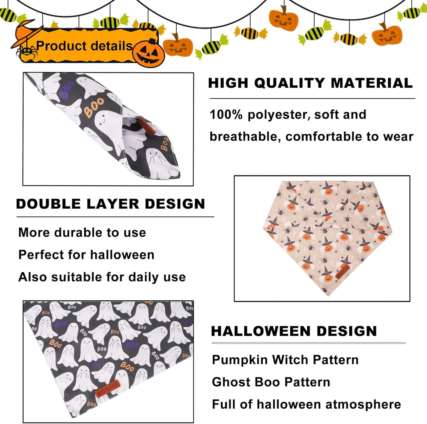 ADOGGYGO Halloween Dog Bandanas, Ghost Pumpkin Witch Scarf, Multi Size, Black Orange Halloween Bandanas for Medium Large Dogs Pets (Large)