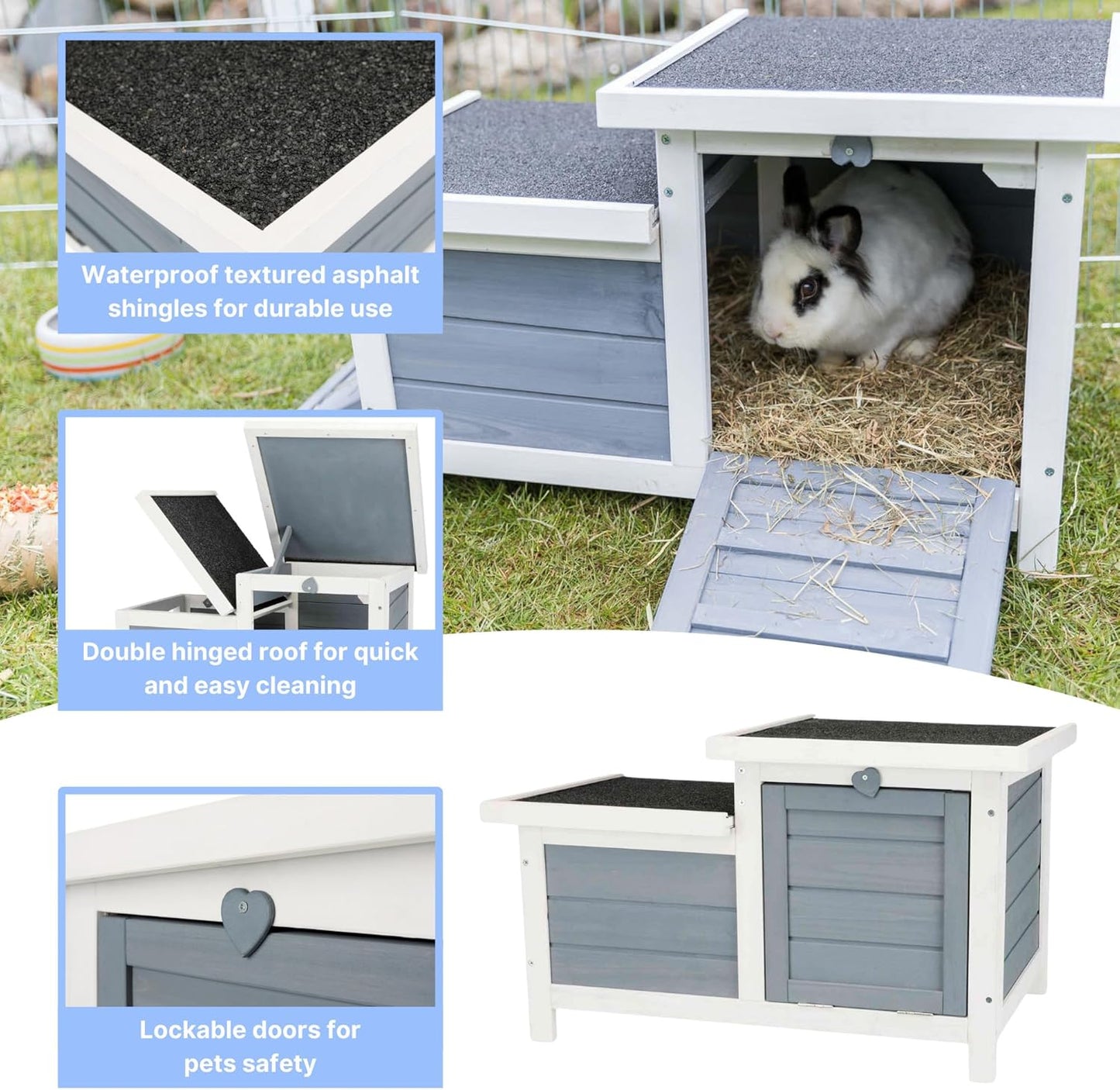 TRIXIE natura Small Animal House - Outdoor/Indoor Rabbit Hideout with Hinged Roof & Raised Floor - Solid Wood House with 2 Entry Ramps, Weather-Resistant Home for Bunnies & Guinea Pigs - in Gray
