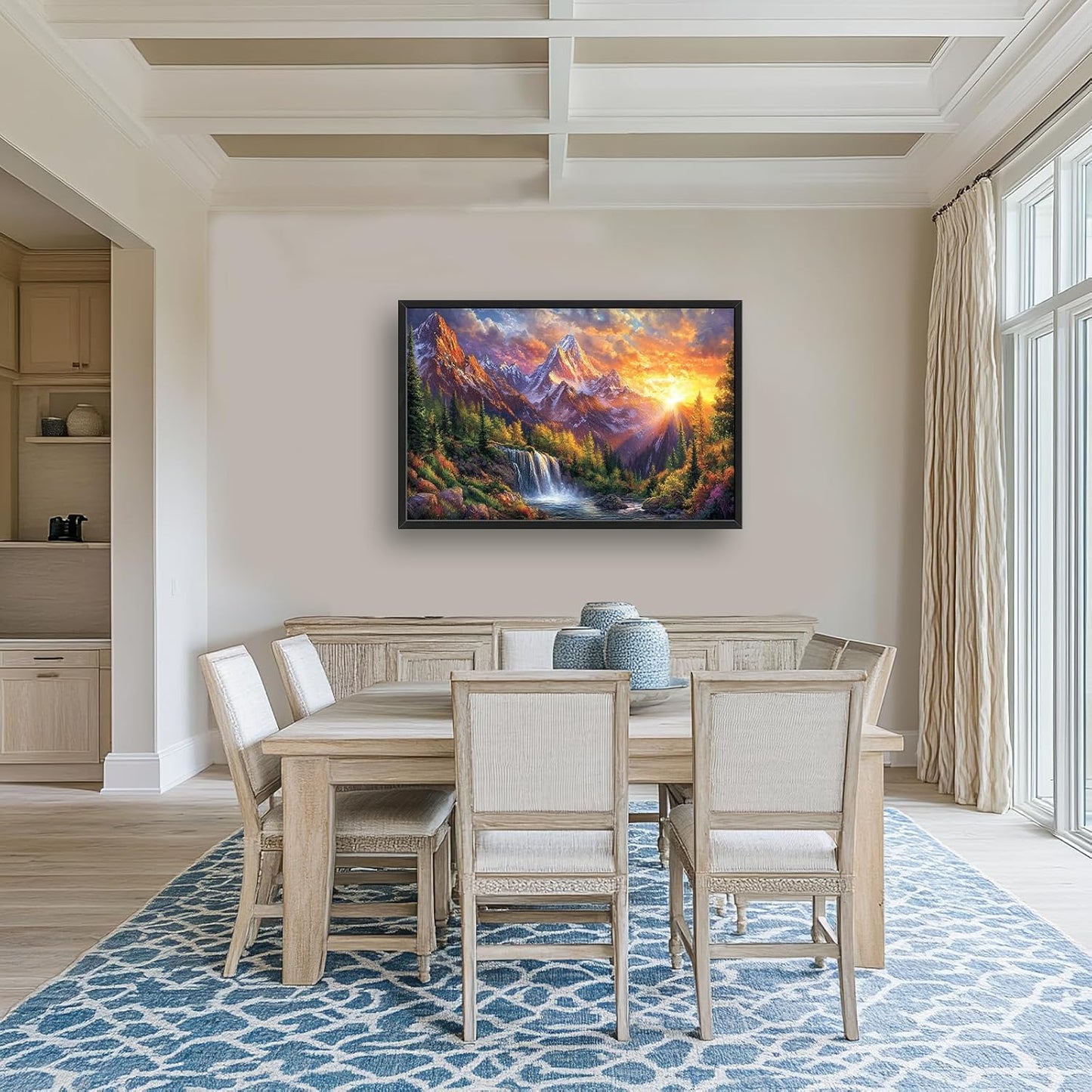 Large Mountain Tree Wall Art for Living Room, Framed Oversized Sunset Waterfall Wall Decor Nature Landscape Canvas Painting Modern Artwork for Living Room Bathroom Bedroom Office Dining Room 36"x24"