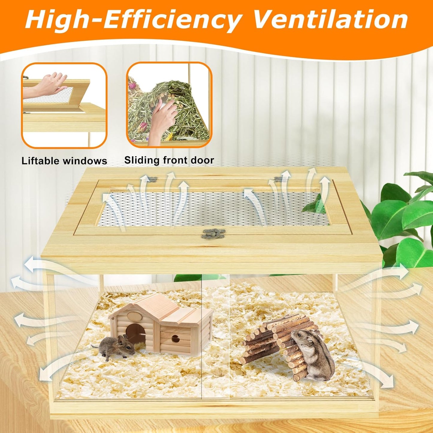 24" Hamster Cage, Lockable Sliding Door Gerbil Cage, Dwarf Hamster Cage with Metal Mesh Roof, Mice and Small Animal Habitat, Chewproof Syrian Hamster Enclosure, (Wooden, 24" L x 16" W x 16" H)
