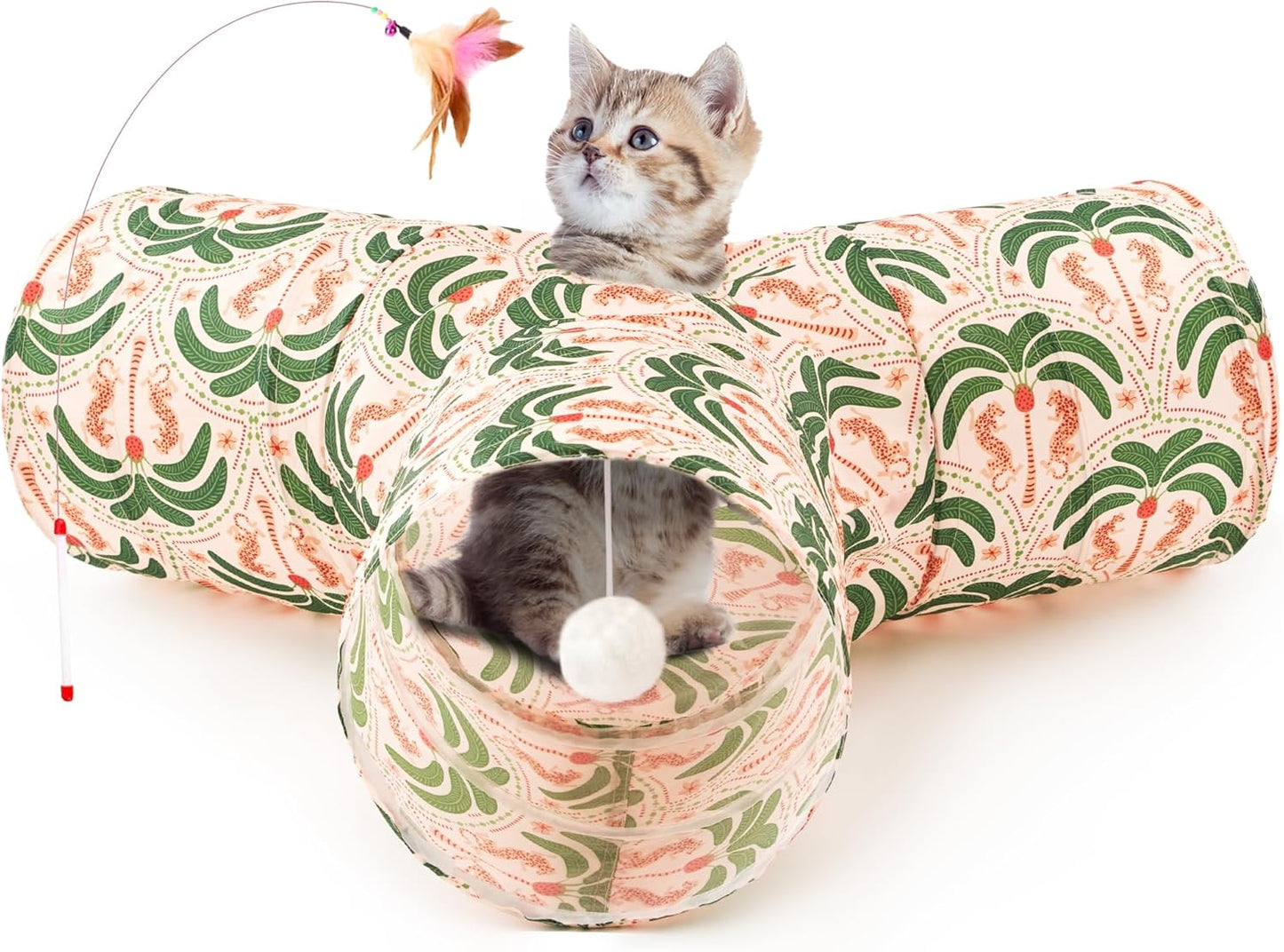 Tempcore Pet Cat Tunnel Tube Cat Toys 3 Way Collapsible, Cat Tunnels for Indoor Cats，Kitty Tunnel Bored Pet Toys Peek Hole Toy Ball Puppy, Kitty, Kitten, Rabbit Khaki Coconut Tree