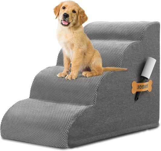 Dog Stairs, Romrol Dog Steps Ramp for High Bed and Couch, Dogs Ramp with Durable Non-Slip Waterproof Fabric Cover, Pet Stairs for Small Dogs and Cats or Pets Joints, 4-Tiers,Grey