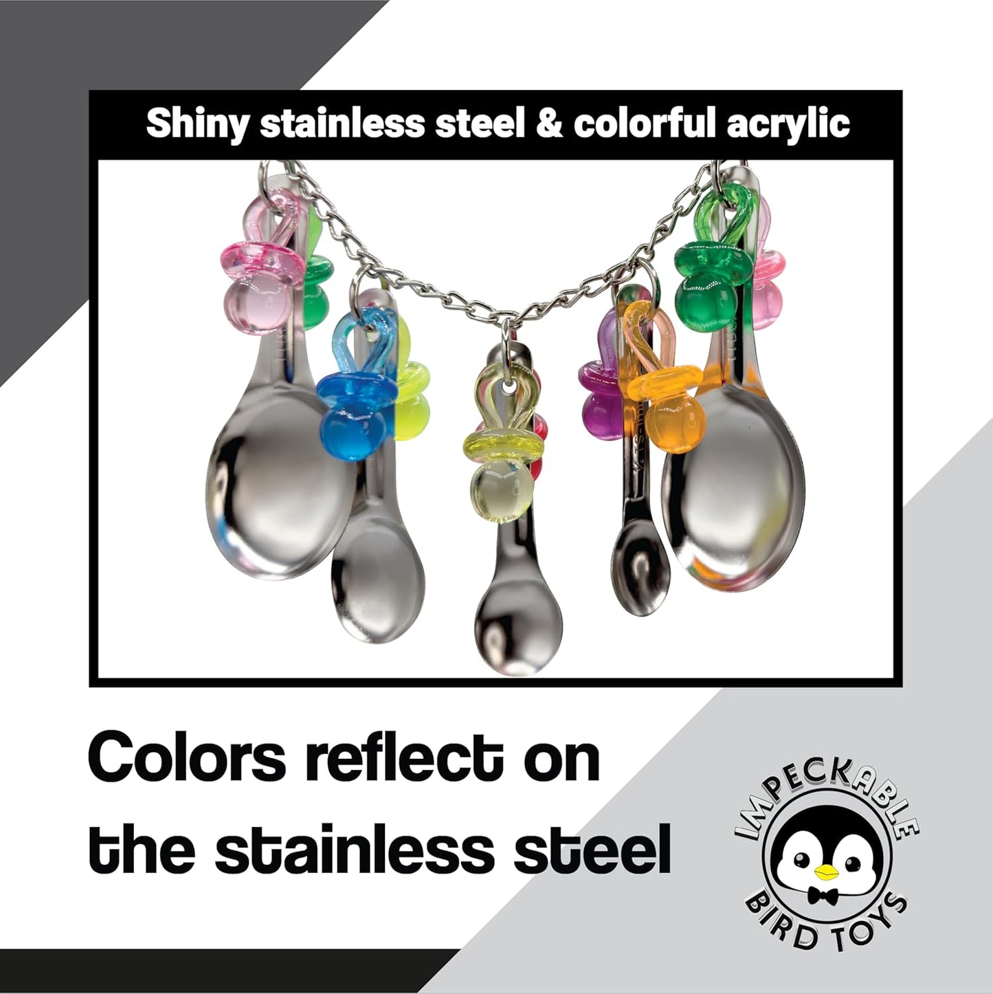1969 Spoon Pacifier Shine - Handcrafted with Stainless Steel Spoons, Acrylic link chain and Acrylic Pacifiers, Shiny and noisy, Great for Medium size birds African Greys Conures Amazons and More