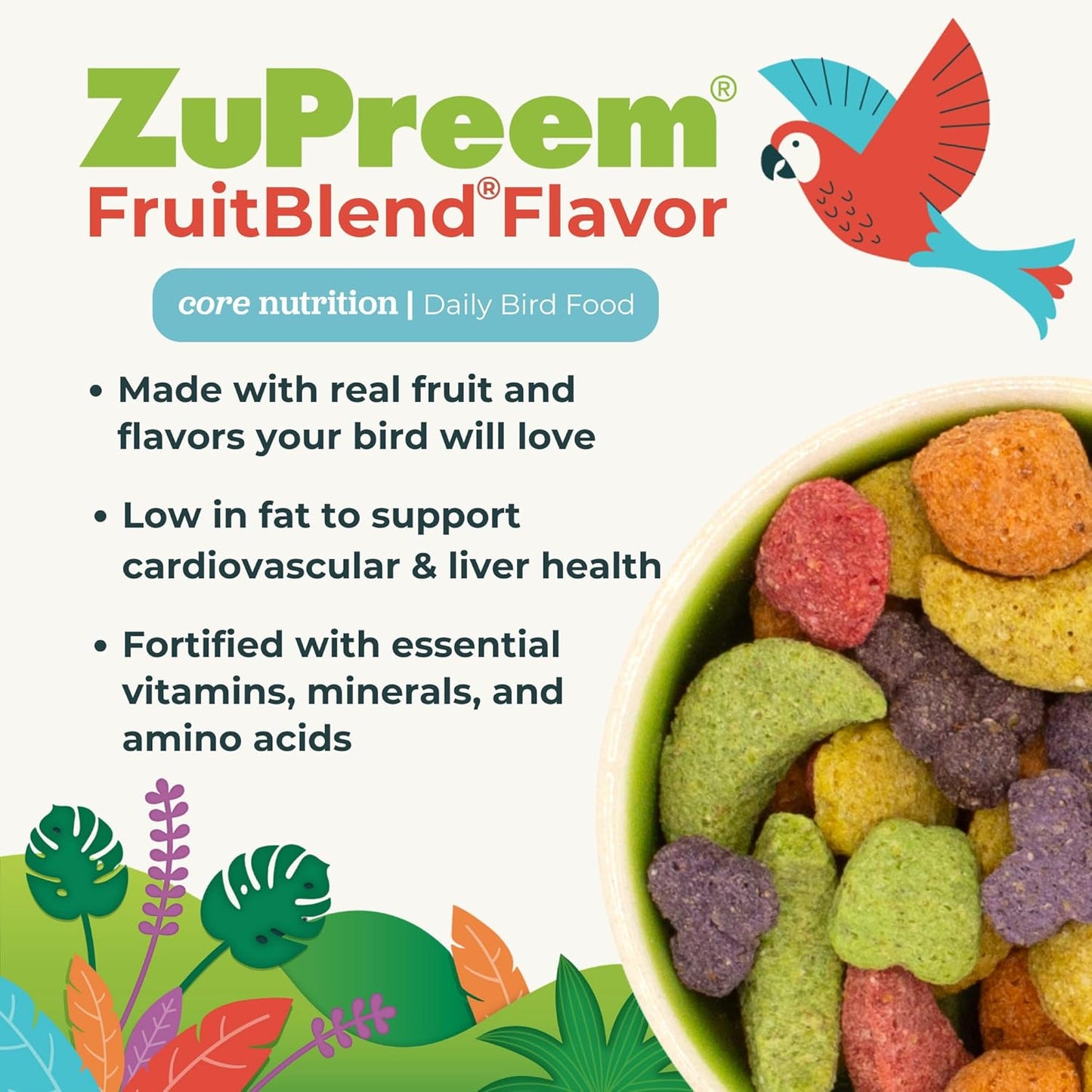 ZuPreem FruitBlend Bird Pellets, Daily Bird Food for Amazon, Cockatoo, Macaw, Core Nutrition for Large Birds, Made in USA, Pellets for Large Birds, Macaw Food (L, 3.5 lbs)