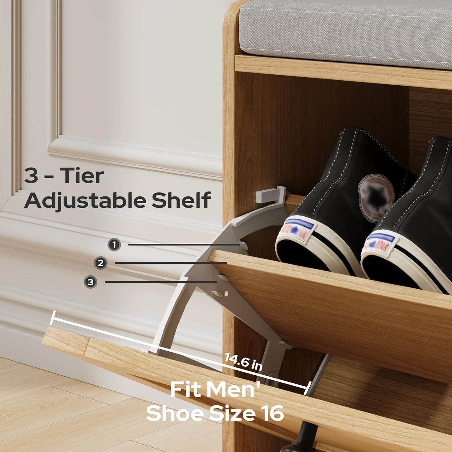 MHOM Oak Modern Entryway Bench with 2 Flip Drawers, Shoe Rack with Padded Seat Cushion, Wooden Storage Bench for Bedroom and Apartment