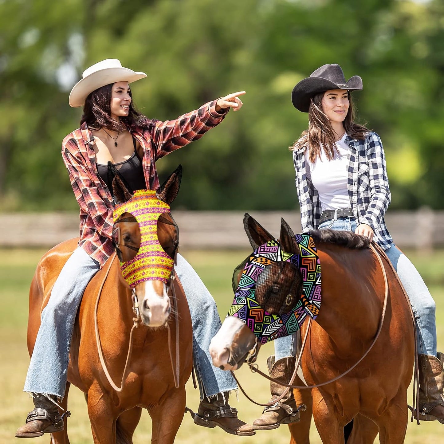 Frienda 4 Pieces Horse Fly Masks with Ears Face Covering UV Protection from Insect Pests Elasticity Smooth Comfortable Mesh Horse Mask Accessories(Geometric,Large)