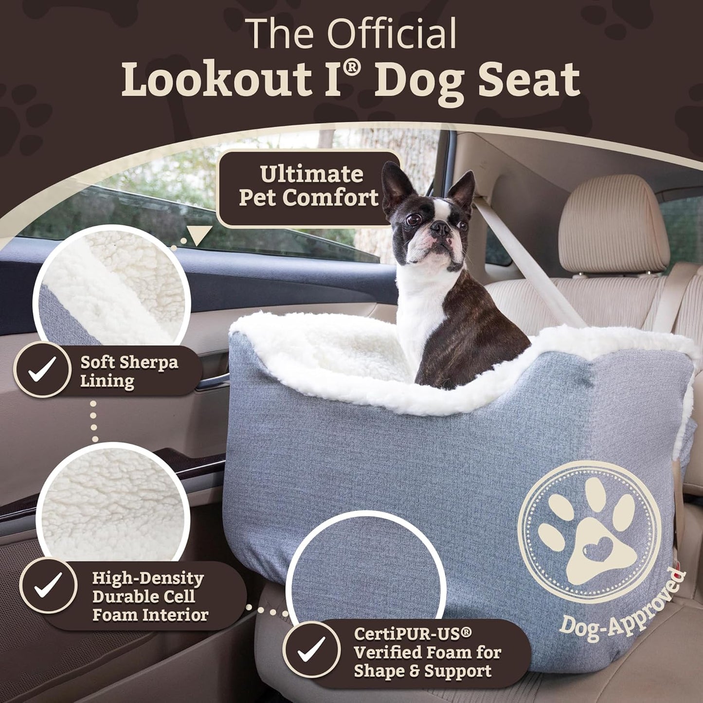 Snoozer Lookout I Dog Car Seat - Small Dog and Puppy Car Seat, Booster Bed for Small & Medium Size Pets up to 25 Lbs, Sherpa Lining, Elevated, Washable, Safe for Travel - Medium, Stone Diamond