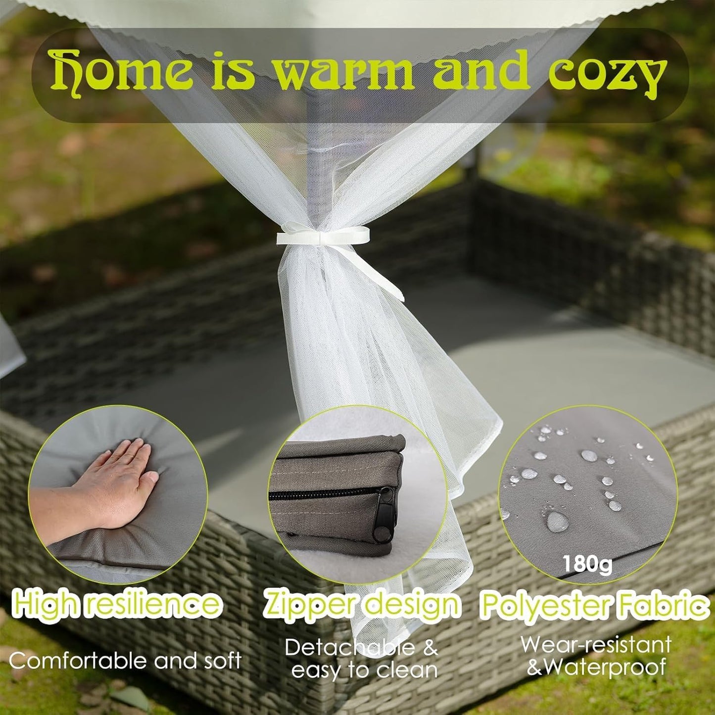 Wicker Dog House Outdoor Indoor with Canopy, Weatherproof Outside Dog Shelter Bed with Cushion, 4Sided Mesh Windows, Pet House Tent Shade for Small Medium Dogs, Rattan Dog Cot for Patio Yard Gray