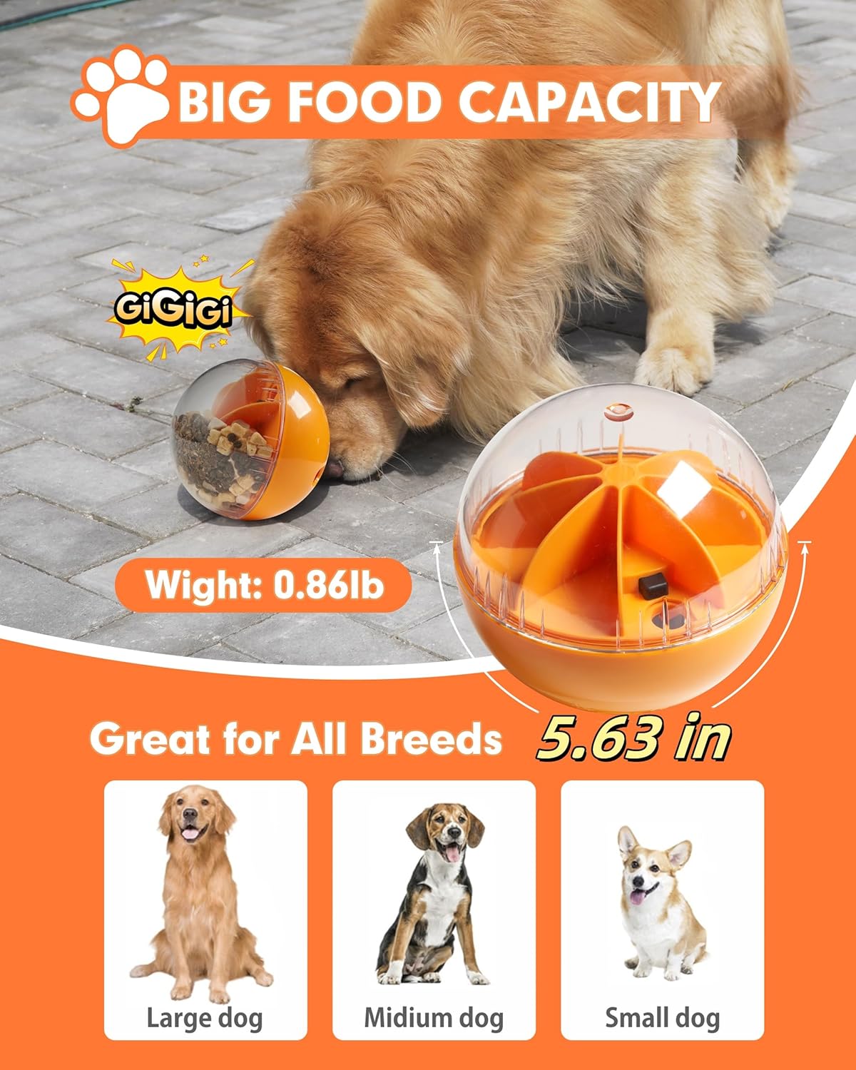 Enrichment Interactive Dog Treat Toy - Level 1 Mental Stimulation for Dogs，Mentally Stimulating Dog Toys for Boredom Busy (Beginner-Orange 5.6" Squeaky Ball)