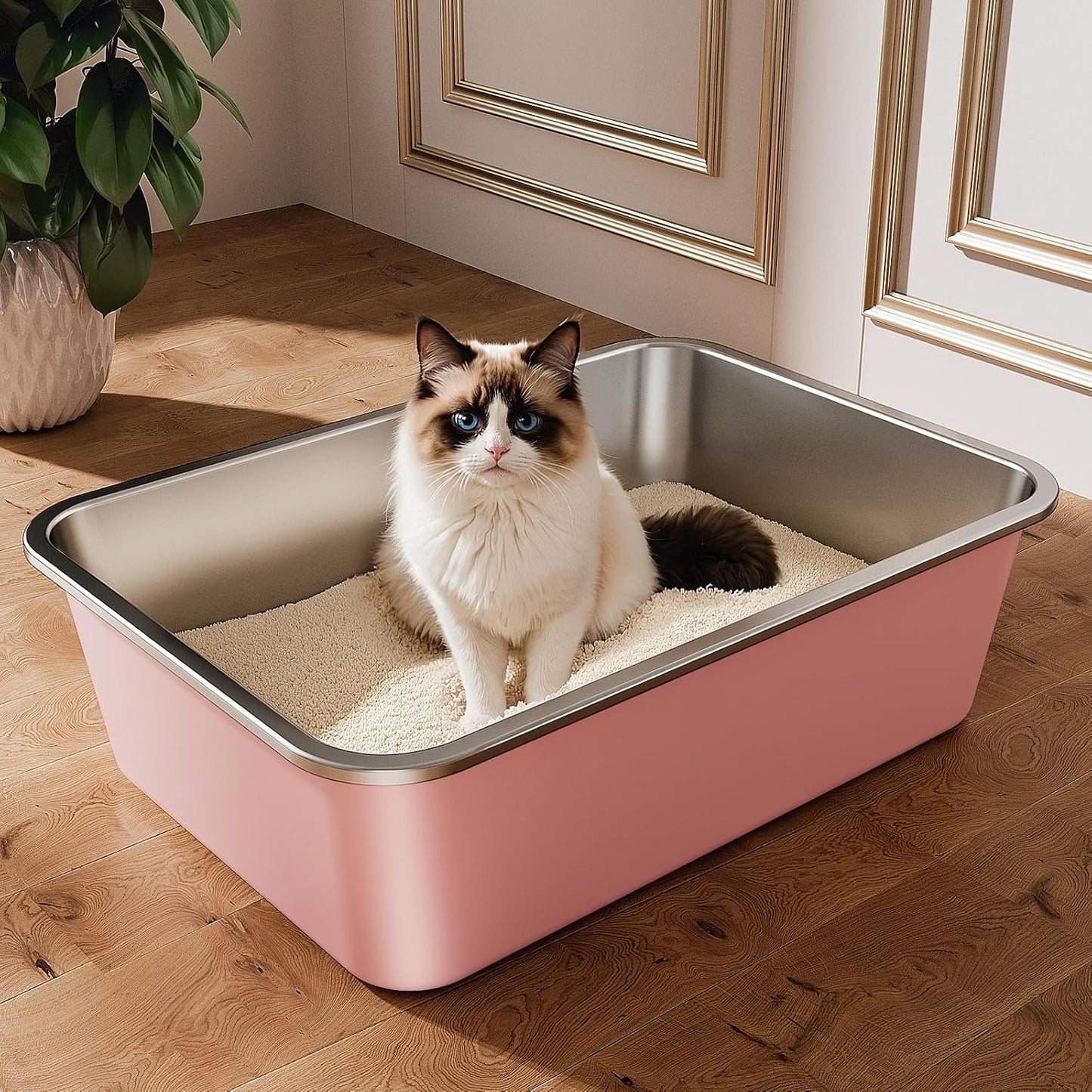 Stainless Steel Litter Box, Large Metal Cat Litter Box with High Sided for Big and Small Cats, Non-Stick, Easy to Clean, Odor-Free, 19.5" L×13.6" W×5.9" H, Blush Pink
