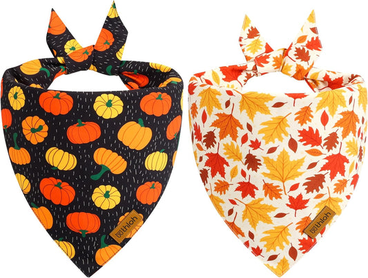 Fall Dog Bandanas - 2 Pack Halloween Thanksgiving Dog Bandana | Reversible Pumpkin and Leaf Pet Scarf for Boy & Girl | Premium Fabric | Holiday Bandana for Large and Extra Large Dogs (X-Large)