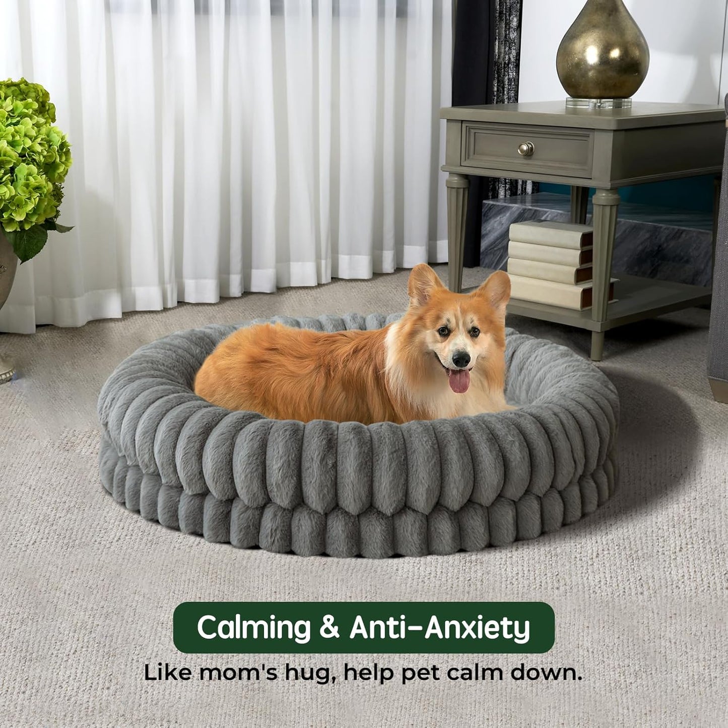 BALANCE Luxury Donut Dog Bed, 36 Inches Round Dog Beds Large Sized Dogs Washable, Orthopedic Calming Dogs Bed for Pets with Anti-Slip Bottom, Gray