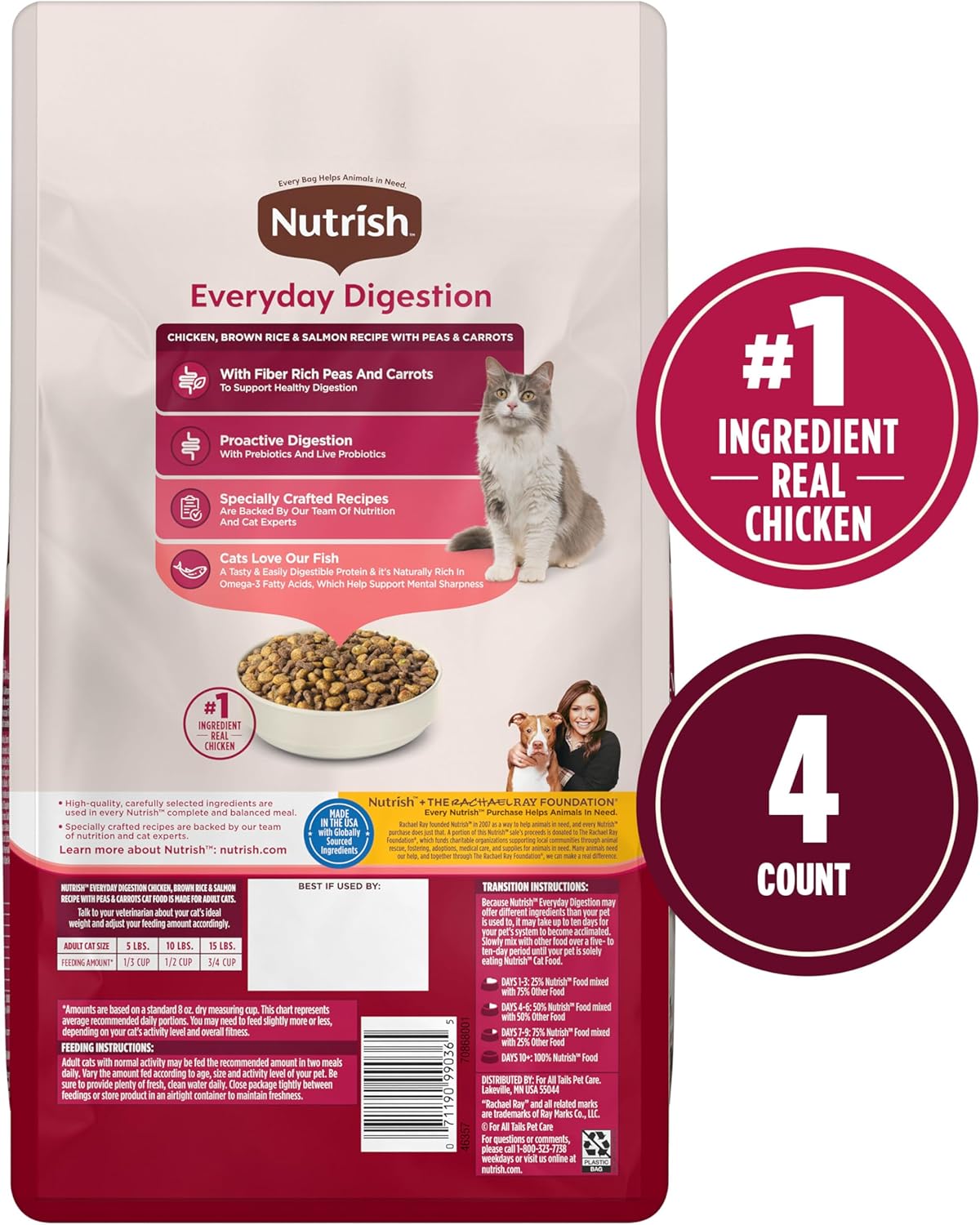 Nutrish Everyday Digestion Dry Cat Food, Chicken Brown Rice and Salmon Recipe with Peas and Carrots, 3 lb. Bag, 4 Count, (Rachael Ray)