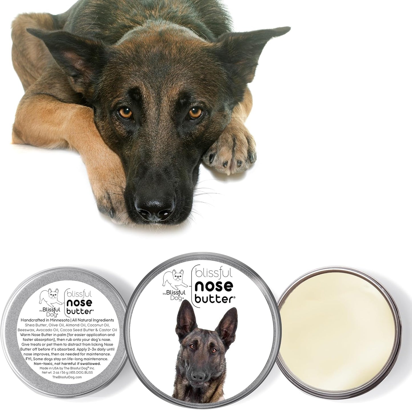 The Blissful Dog Belgian Malinois Nose Butter for Dry, Cracked Skin, Lick-Safe Dog Nose Balm with Moisturizing Shea Butter, Almond, Olive, and Essential Oils, Pet Supplies, Uncented, 2 oz.