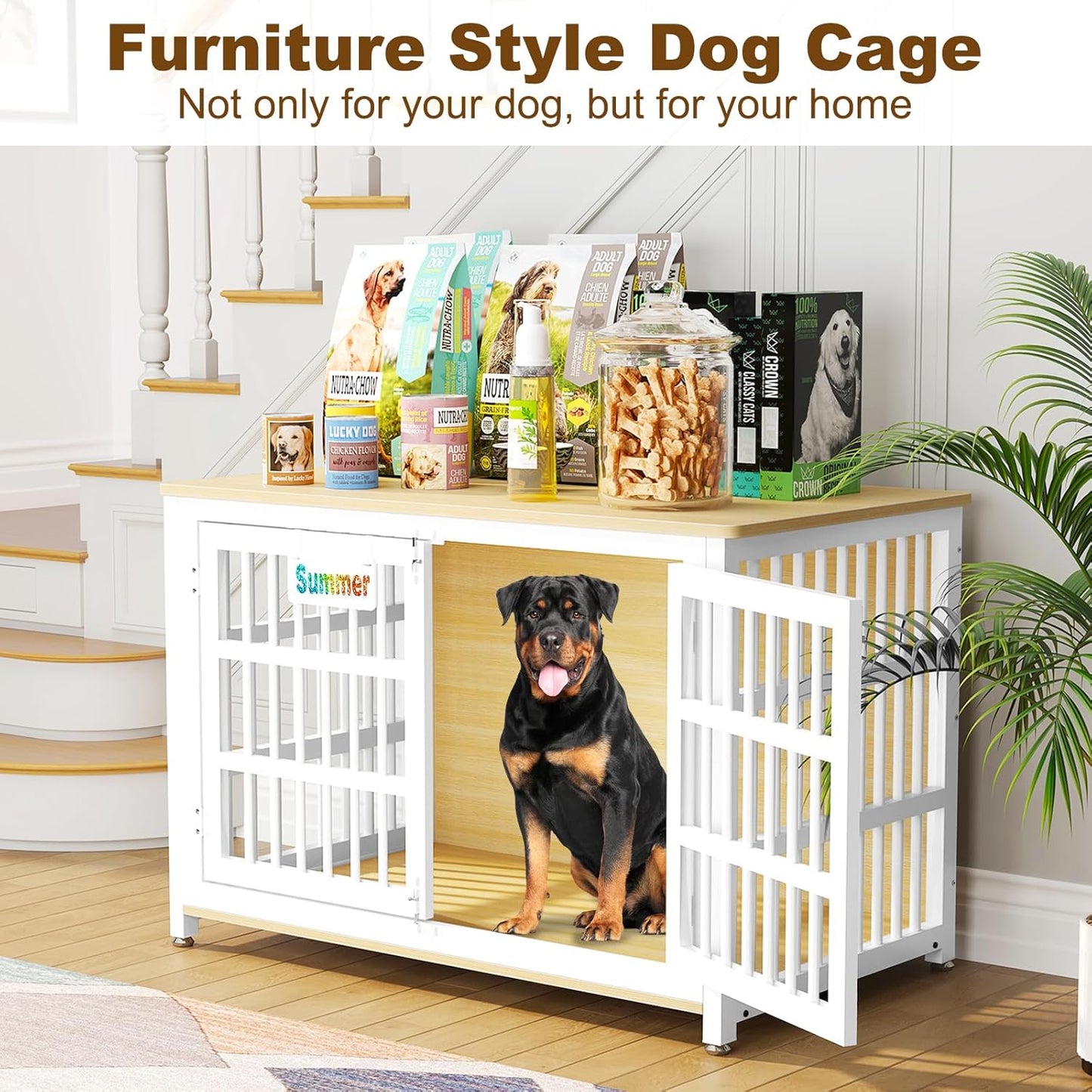 EasyCom Heavy Duty Dog Kennel Indoor with Name Tag, XXL Dog Crate Furniture for Large Dogs, Double-Doors Sturdy Dog Cage for Anxiety Dog, Decorate House as TV Stand, End Table, Bedside Table