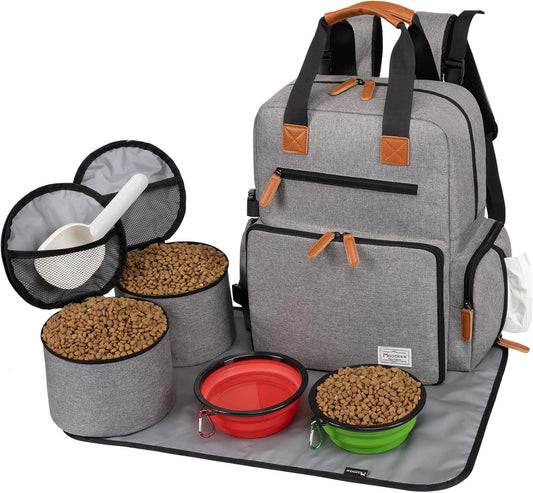Modoker Dog Travel Bag, Airline Approved Backpack for Pet Accessories Organizer, Tote Weekend Bag with 2 Dog Food Storage Containers, 2 Collapsible Dog Bowls, 1 Pet Mat, Grey