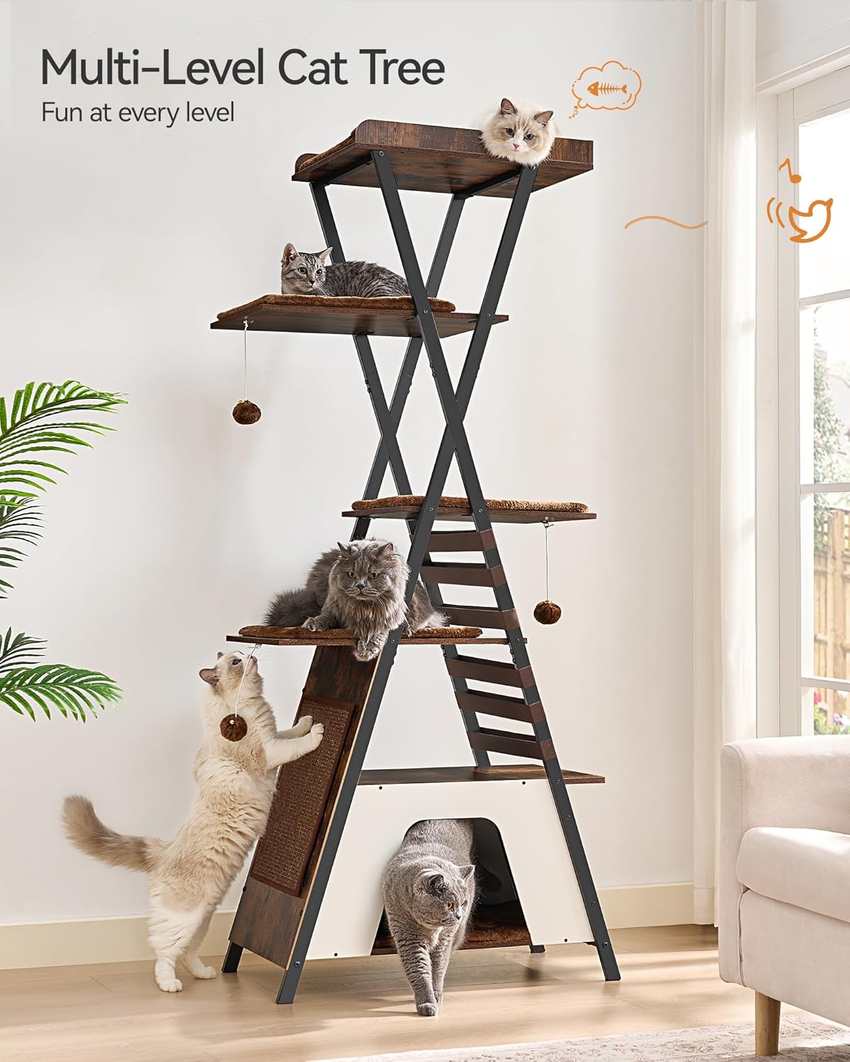 FourFurPets 72.4" Modern Cat Tower for Indoor Cats - Multi-Level Condo With Caves, Tall Tree With Scratching Board, Wooden Tower With Large Perch, Removable Pads, Rustic Brown