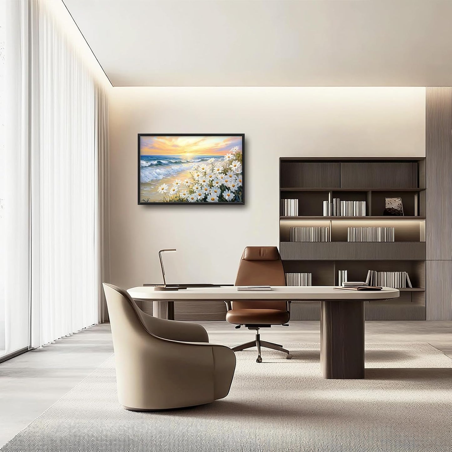 Large Beach Daisy Wall Art, Framed Coastal Beach Wall Decor for Living Room, Oversized Sunrise Canvas Painting Seascape Pictures Home Decoration for Living Room Bedroom Office 36"x24"