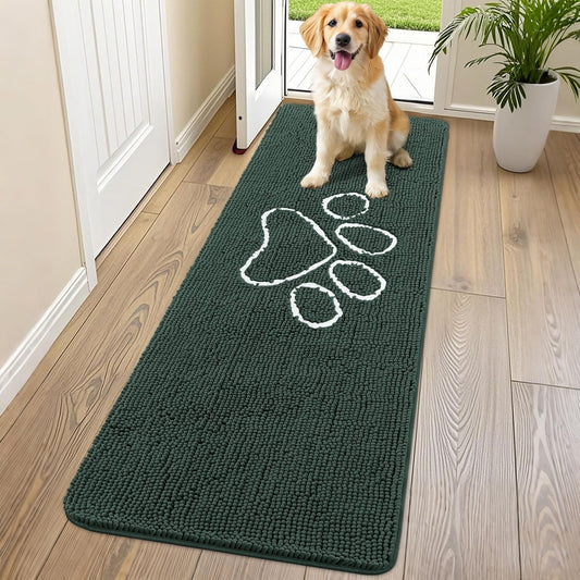 Smiry Dog Door Mat for Muddy Paws, Absorbent Dirt Trapper Non Slip Quick Dry Washable Chenille Mat for Mud Dogs, Entry Rug for Indoor and Outdoor (70x24 Inches, Green)
