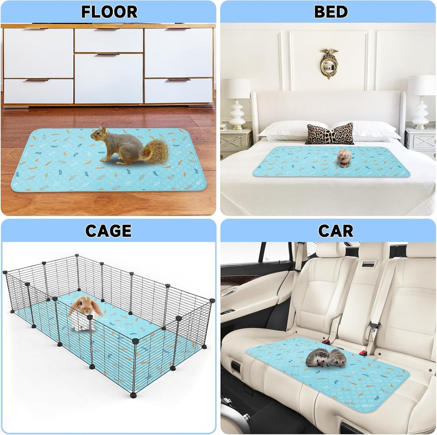 Sunheir Washable Pee Pads for Small Pet 5-Pack, Reusable Pet Training Pads Absorbent & Leak-Free, Waterproof Pee Pads for Dog Cat Rabbit Guinea Pig Hamster, Whelping Pad (Leaves - Sky Blue, 12x12)