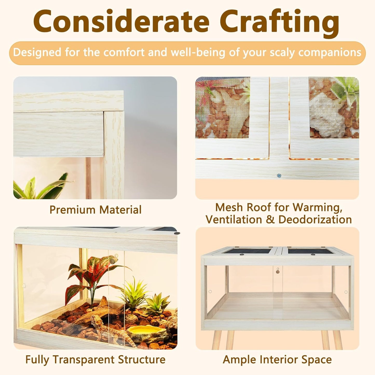 Bearded Dragon Tank with Legs Up to 77 Gallons, Tortoise Habitat with Metal Mesh Top, Reptile Enclosure Lockable Design, Snake Tank (Oak, 62 Gallon, 40" L x 20" W x 47.6" H)