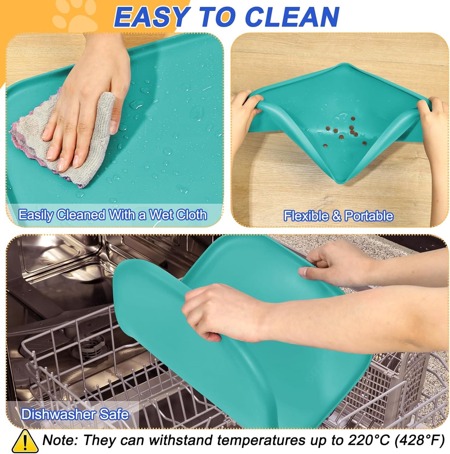 Silicone Pet Feeding Mat with Raised Edge for Food and Water, Dog Bowl Mats, Cat Bowls Placemat with High Lip for Floor Waterproof, Rubber Tray for Cats and Dogs 19 x 12 x0.7 Dark Turquoise